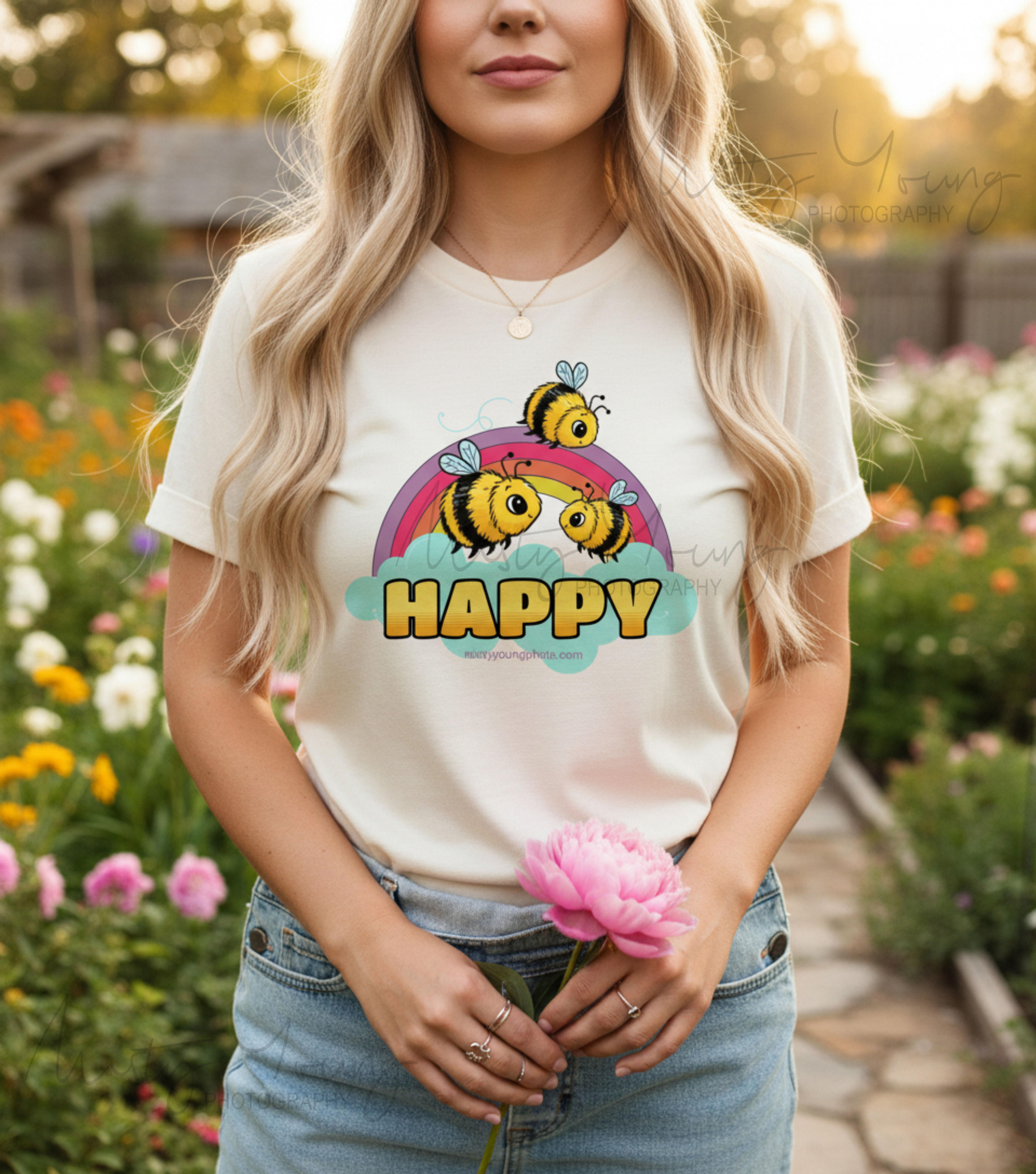 Bee Happy Rainbow T-Shirt Cute Fuzzy Bees Clouds Nature Lovers Uplifting Tee