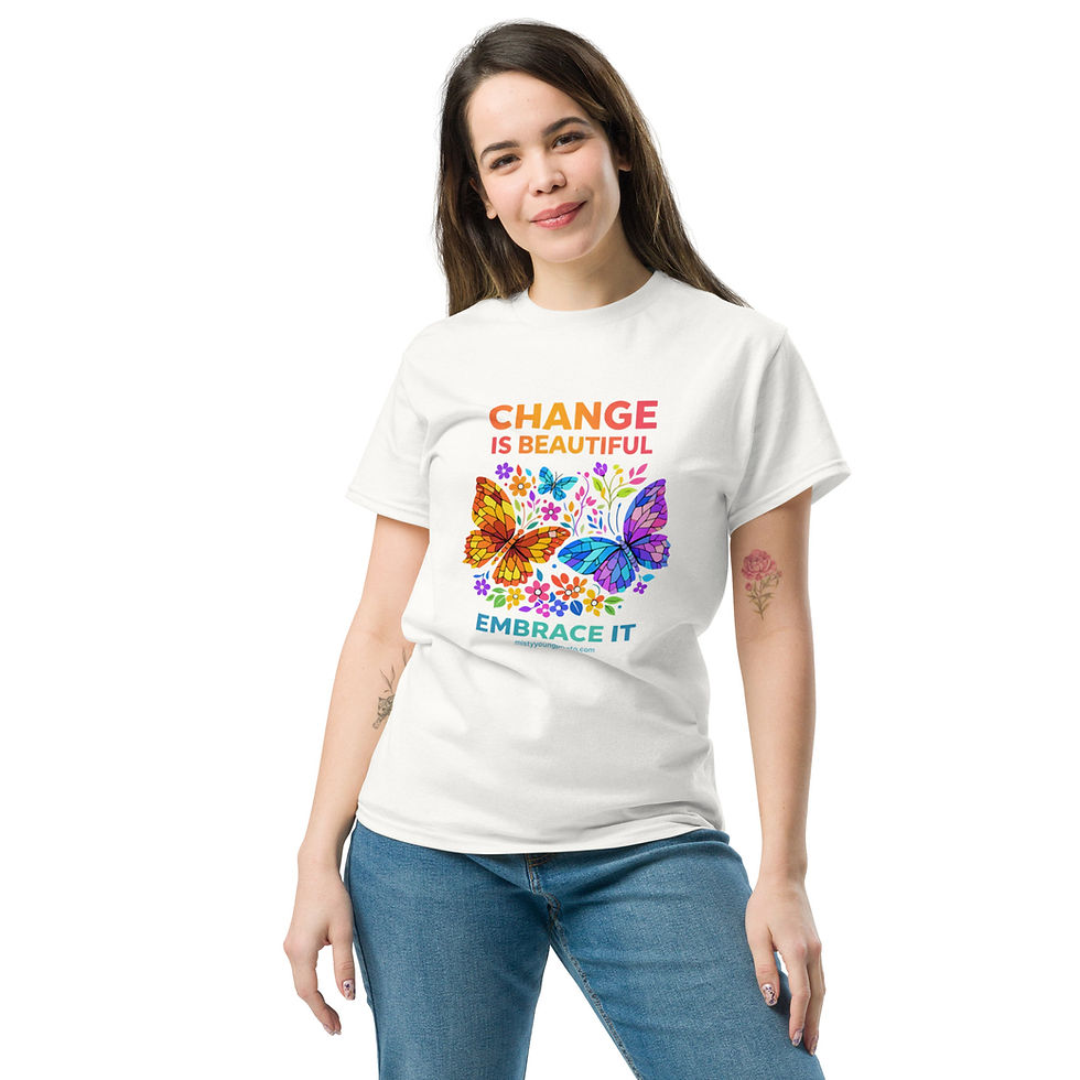 Thumbnail: Colorful mosaic butterfly t-shirt with Change Is Beautiful text and floral design