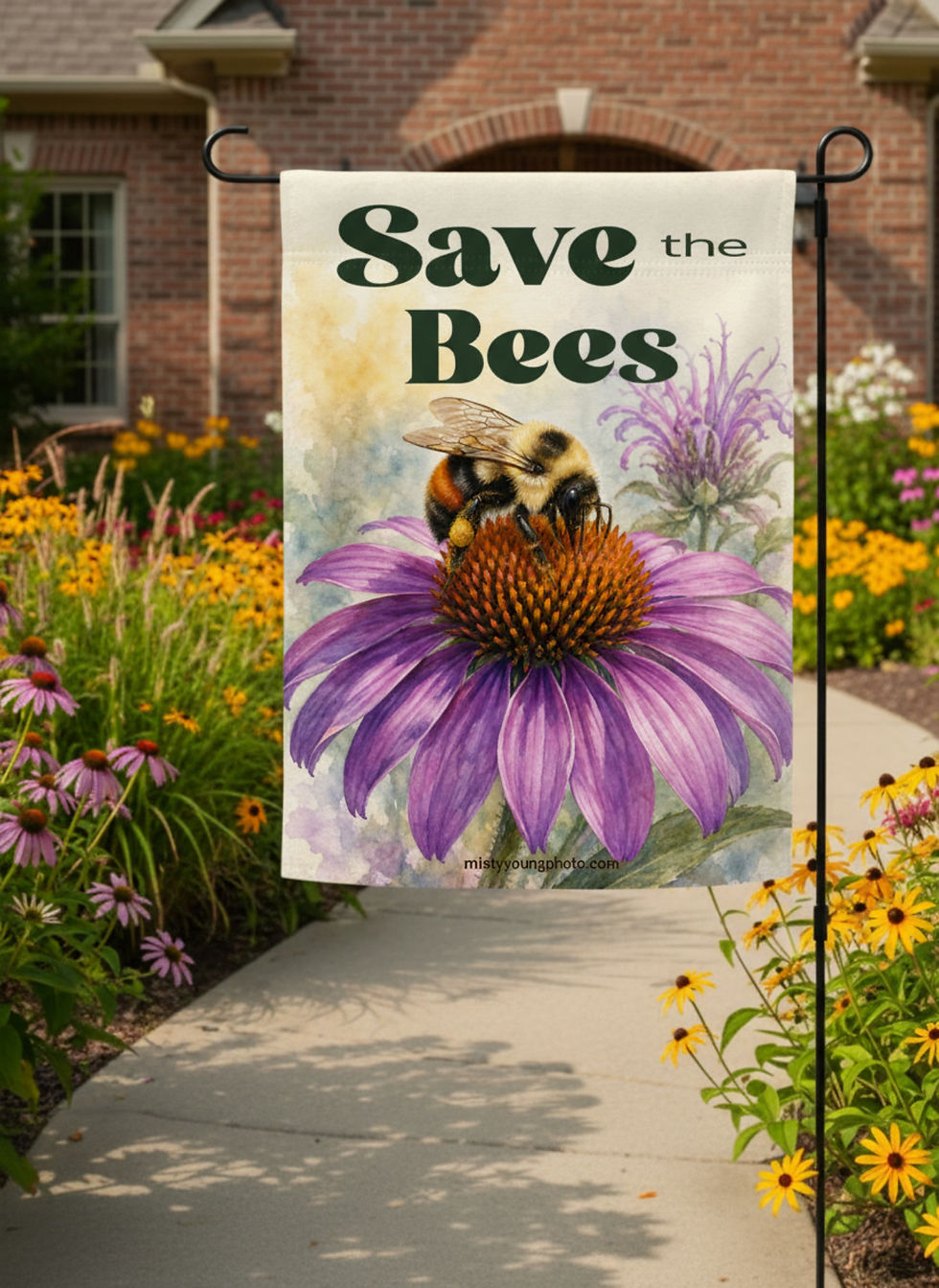 Save the Bees Double Sided Garden Flag Bumblebee on Purple Coneflower
