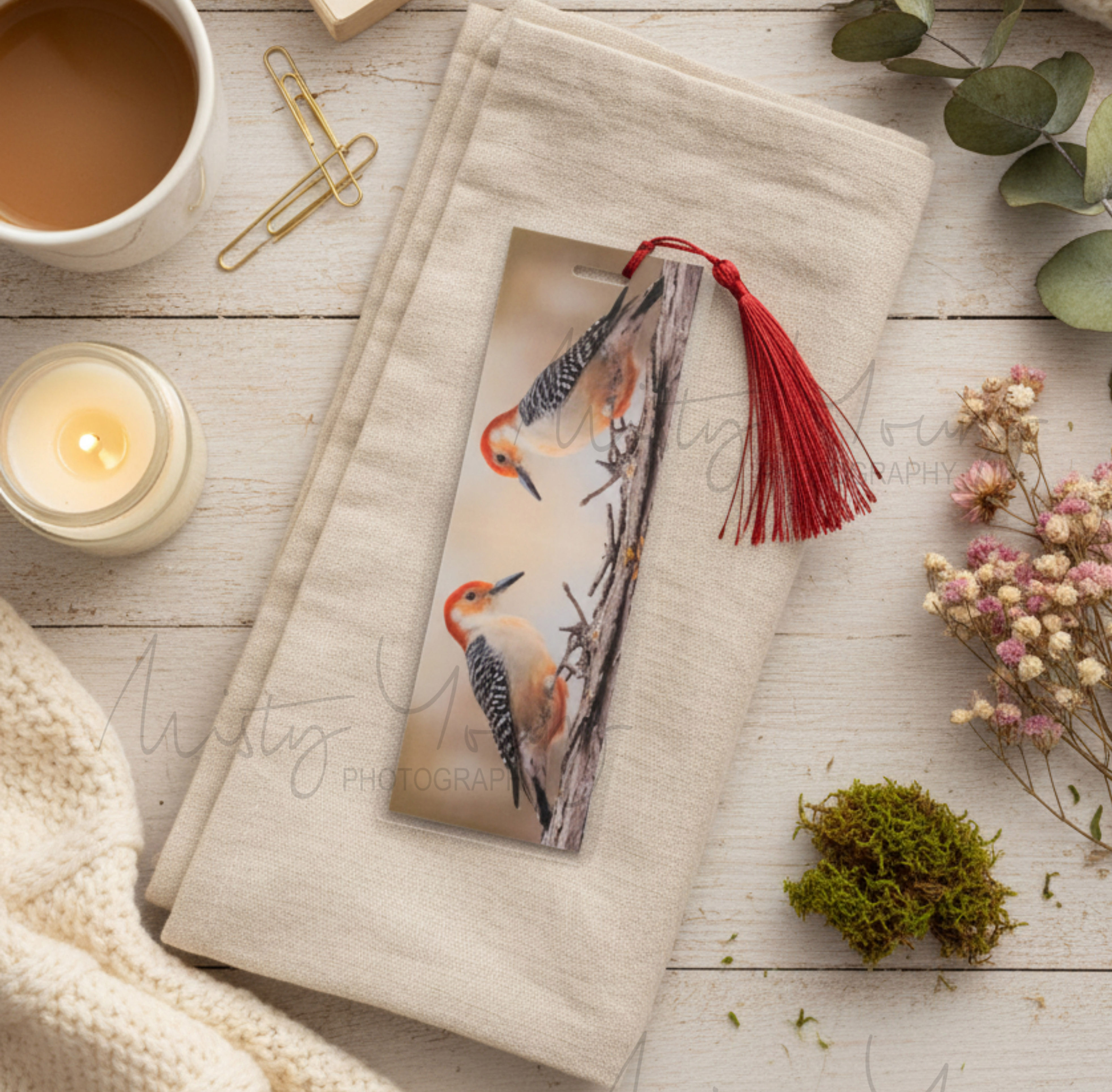 Colorful laminated handmade bookmark with a close up image of a Red Bellied Woodpecker bird on a tree & red tassel