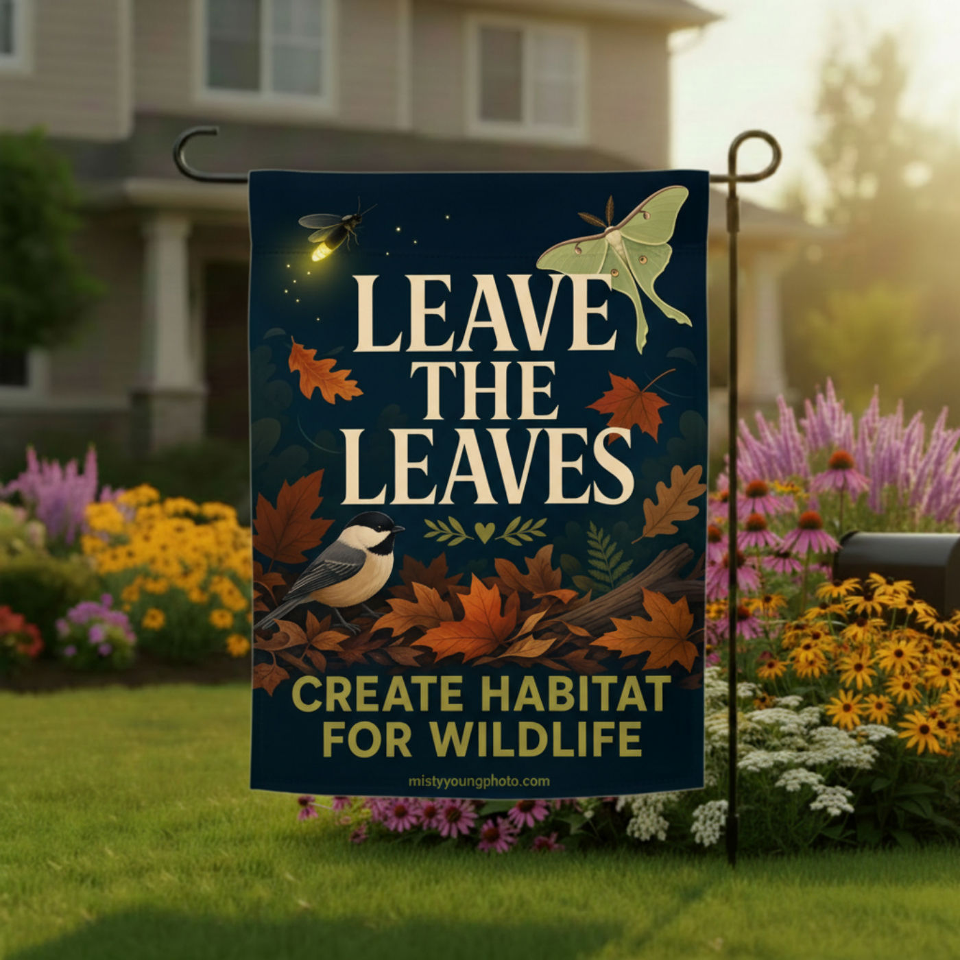 Leave The Leaves garden flag on a stand in a fall yard with scattered oak and maple leaves, showing a firefly and luna moth r
