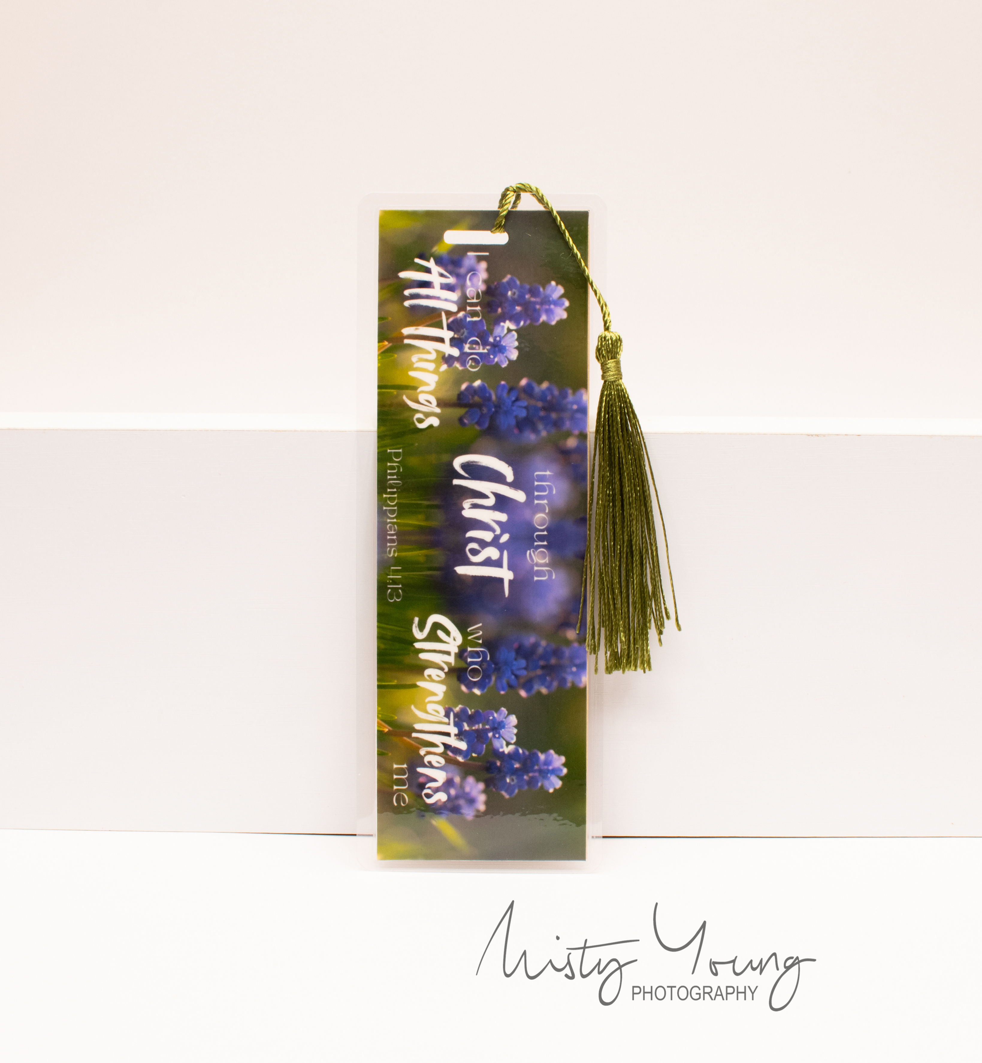 Philippians 4:13 laminated scripture bookmark with purple flowers image and tassel