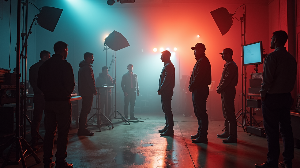 Wide angle view of a film set with vibrant lighting