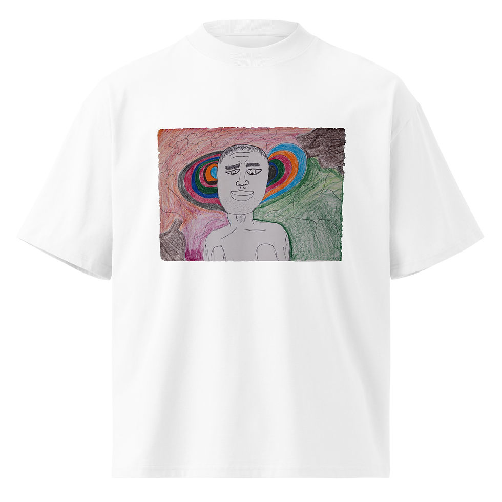 Model wearing Psychedelic Aura tee featuring a calm face with swirling rainbow energy artwork