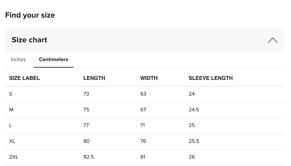 Thumbnail: "Unisex t-shirt measurement table displaying size conversions and fit dimensions for international customers."