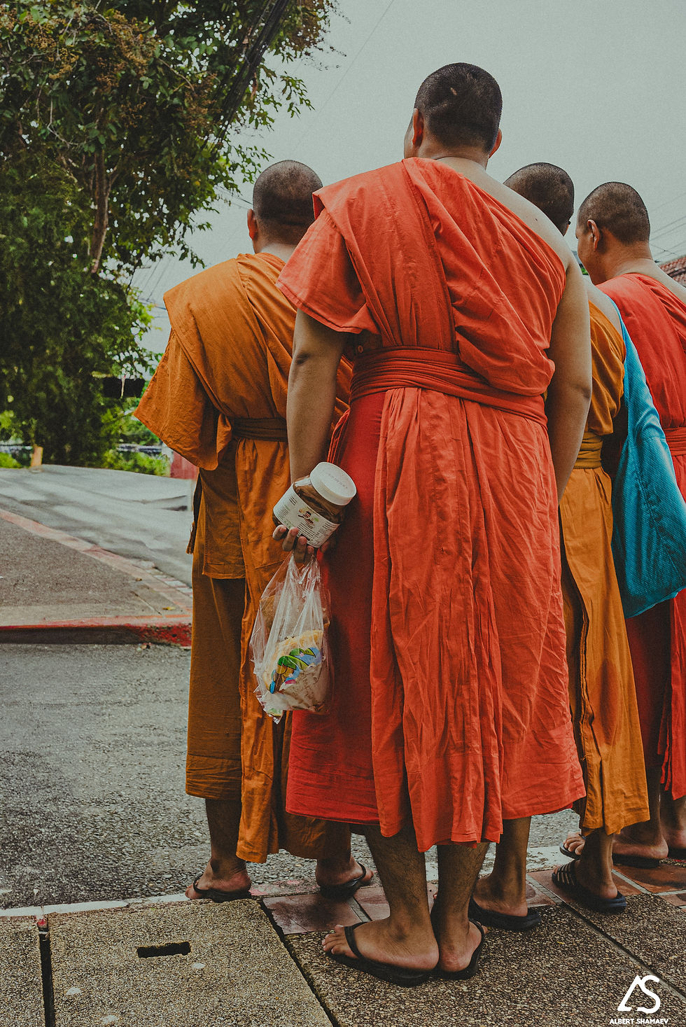 Thai Buddhist monks in saffron robes walking, holding Nutella, rear-view street scene – cultural tra