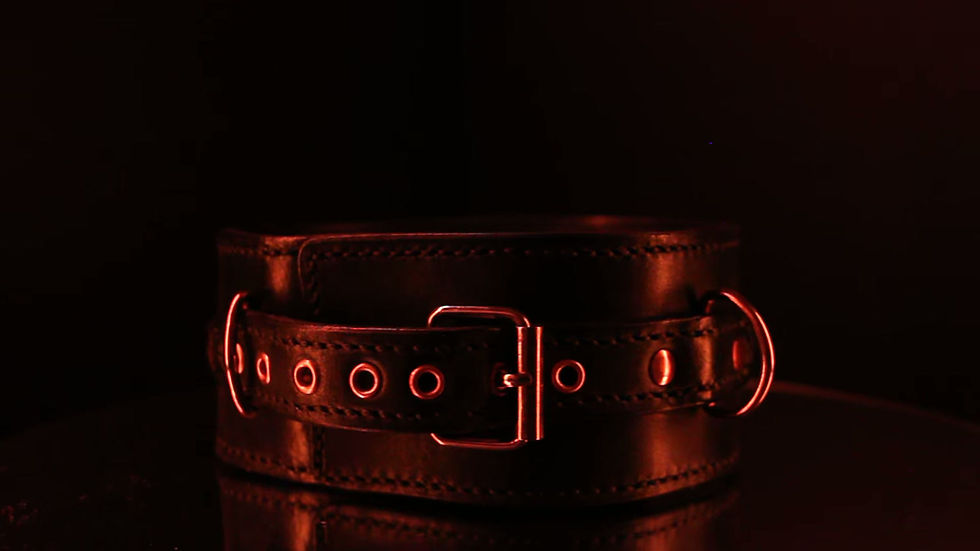 Rotating video of Control Collar BDSM with eyeleted straps, custom stitched double leather in motion for detailed hold view