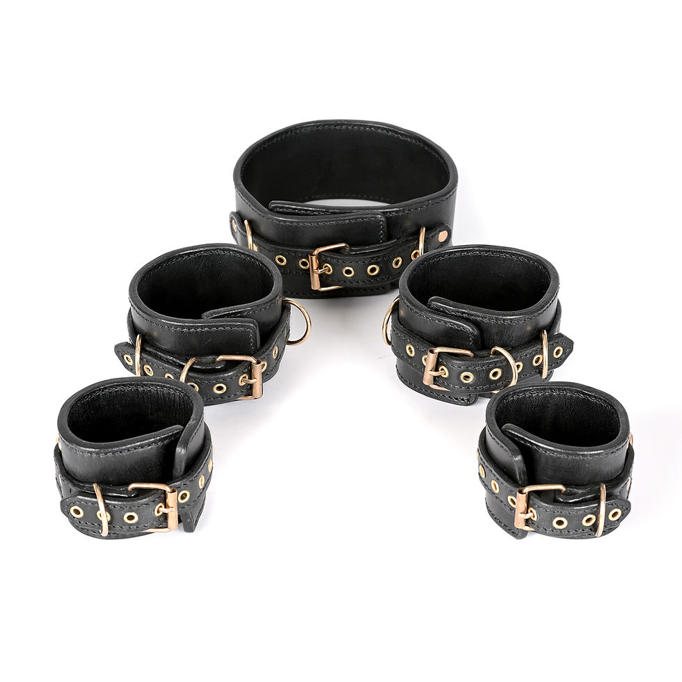 Black calfskin BDSM set with gold-finished buckles, rivets, and eyelets, displayed with fastenings in front.