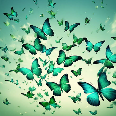 50 green and aqua butterflies flying in a flight path.jpg