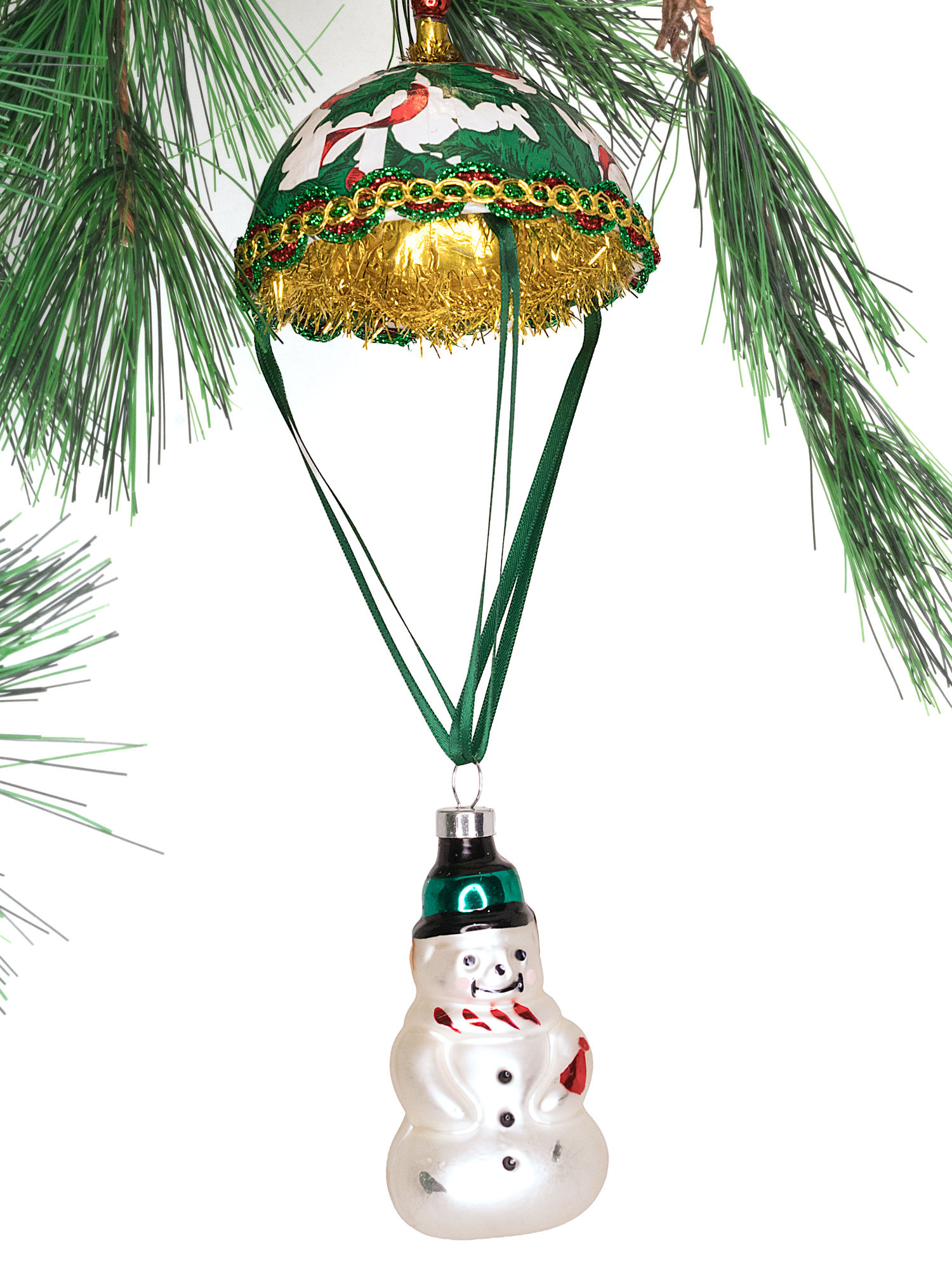 Parachuting Snowman Ornament (Mid-Century Glass, c. 1950s)