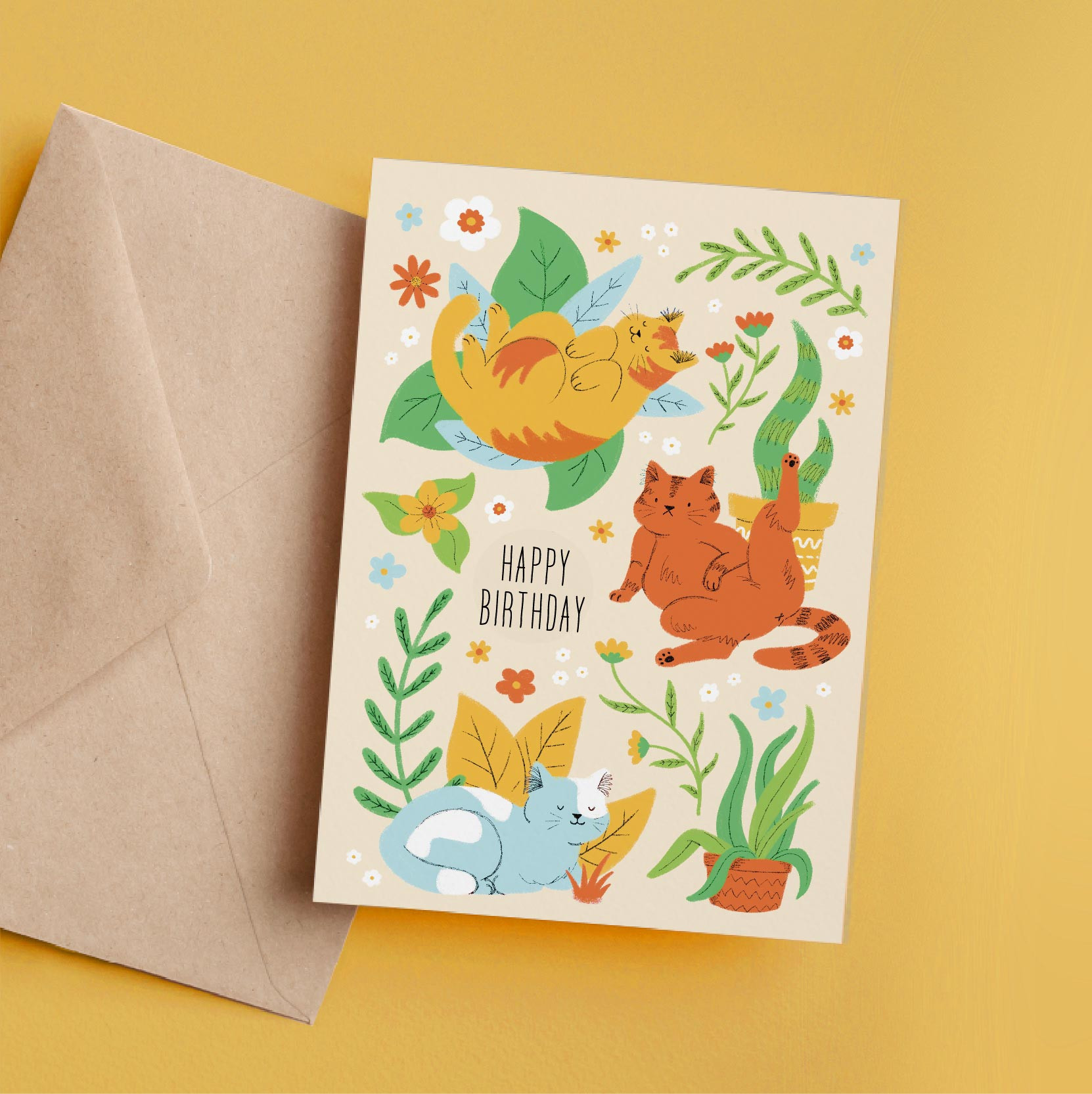 Cat Happy Birthday Card illustrated by Keri Green. Illustrations of 3 cats and plants on card front