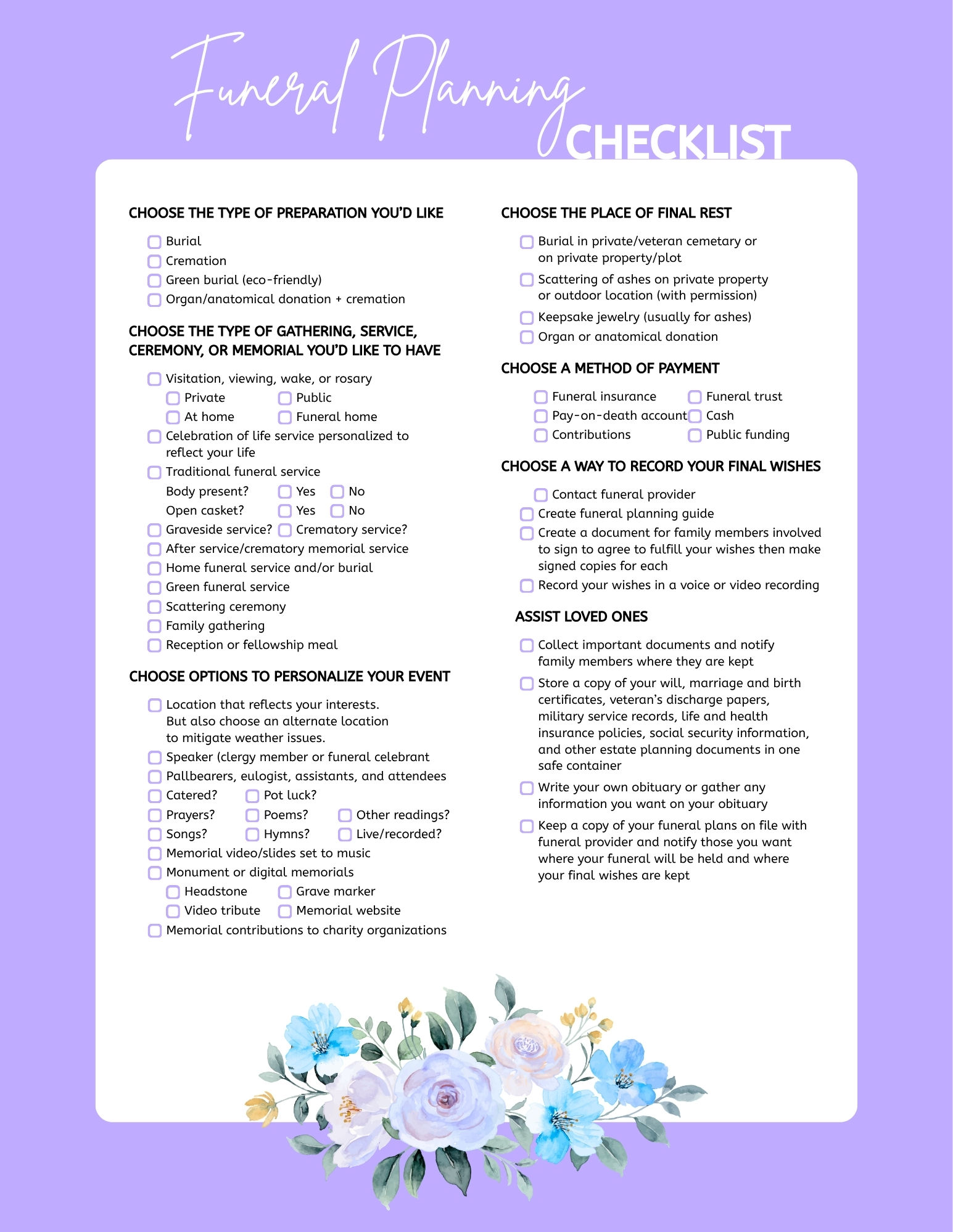 Funeral planning checklist