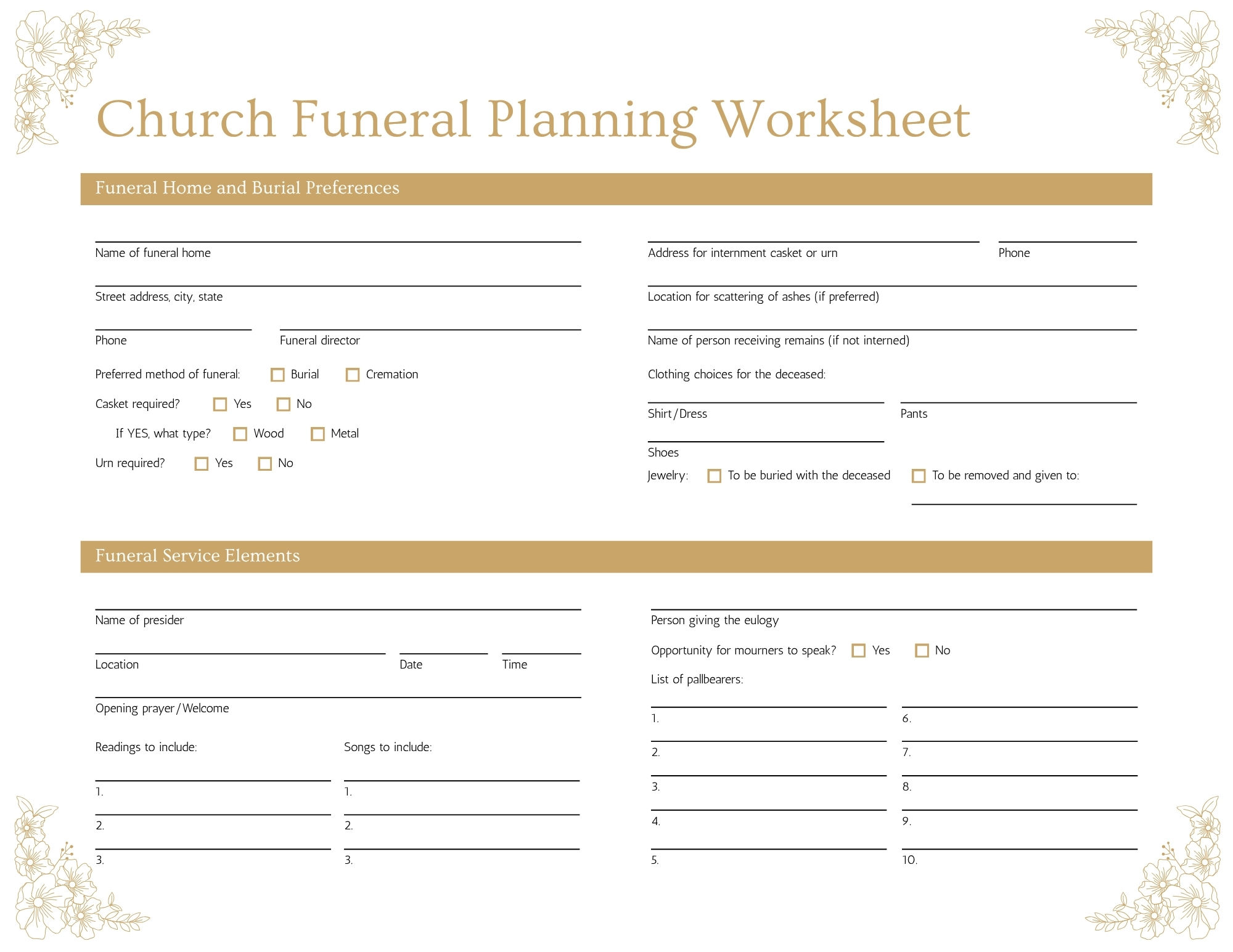 "Golden Chorus" Church Funeral Worksheet first page