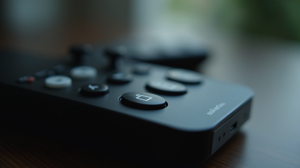 Close-up view of a remote control with simple buttons for streaming