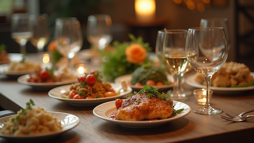 Close-up view of a beautifully arranged dinner table with various dishes