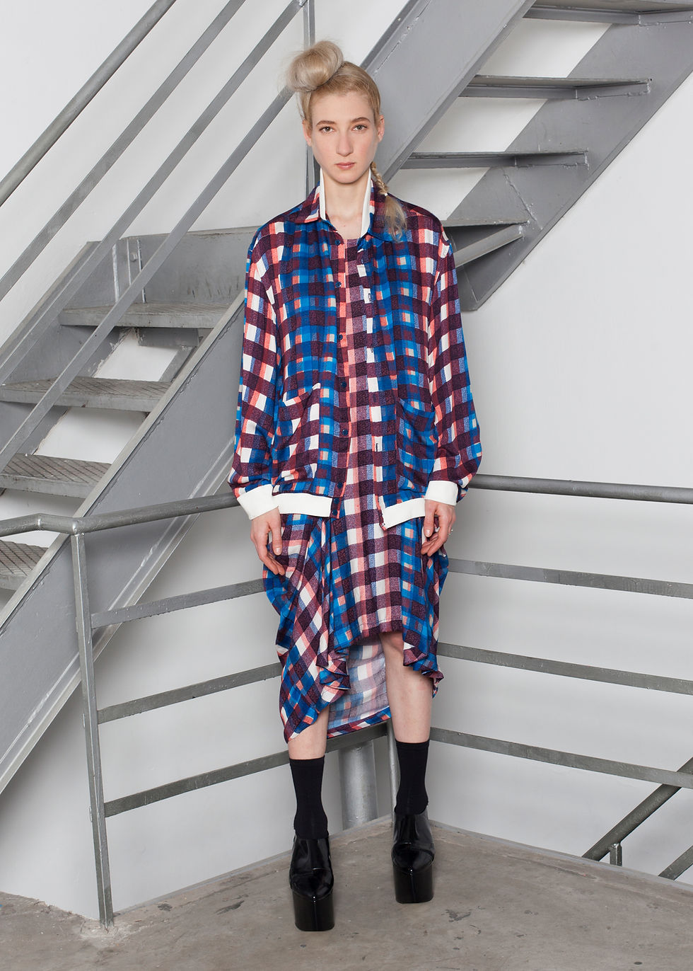 Thumbnail: PLAID GRID BOMBER BUTTON SHIRT