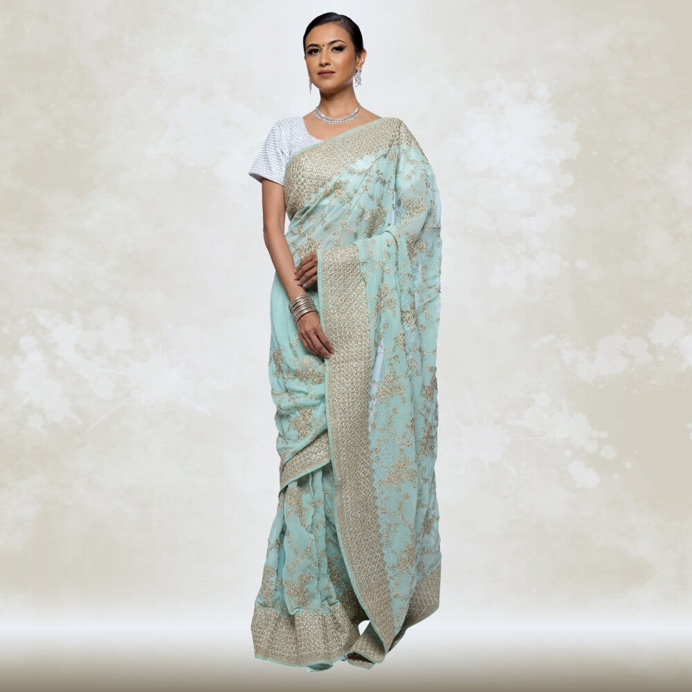 Green Georgette Saree With Gold Embroidery