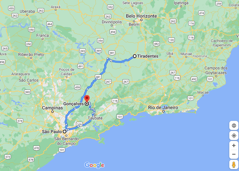 mapa que mostra as distâncias entre são Paulo, Gonçalves e Tiradentes