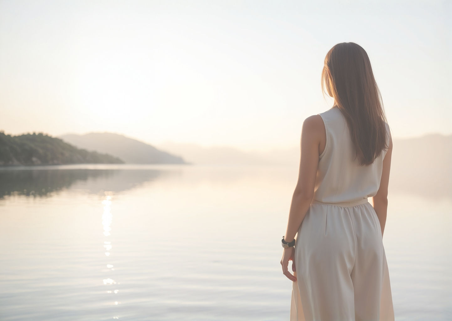 A woman standing and looking out over a lake and mountains