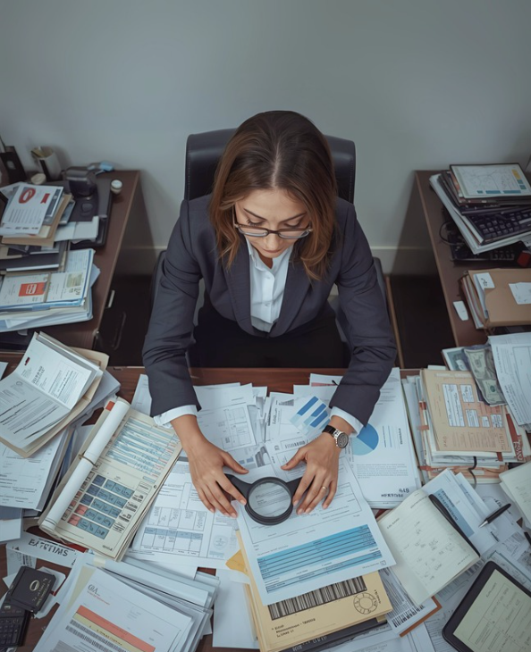 A forensic accountant with papers around her desk