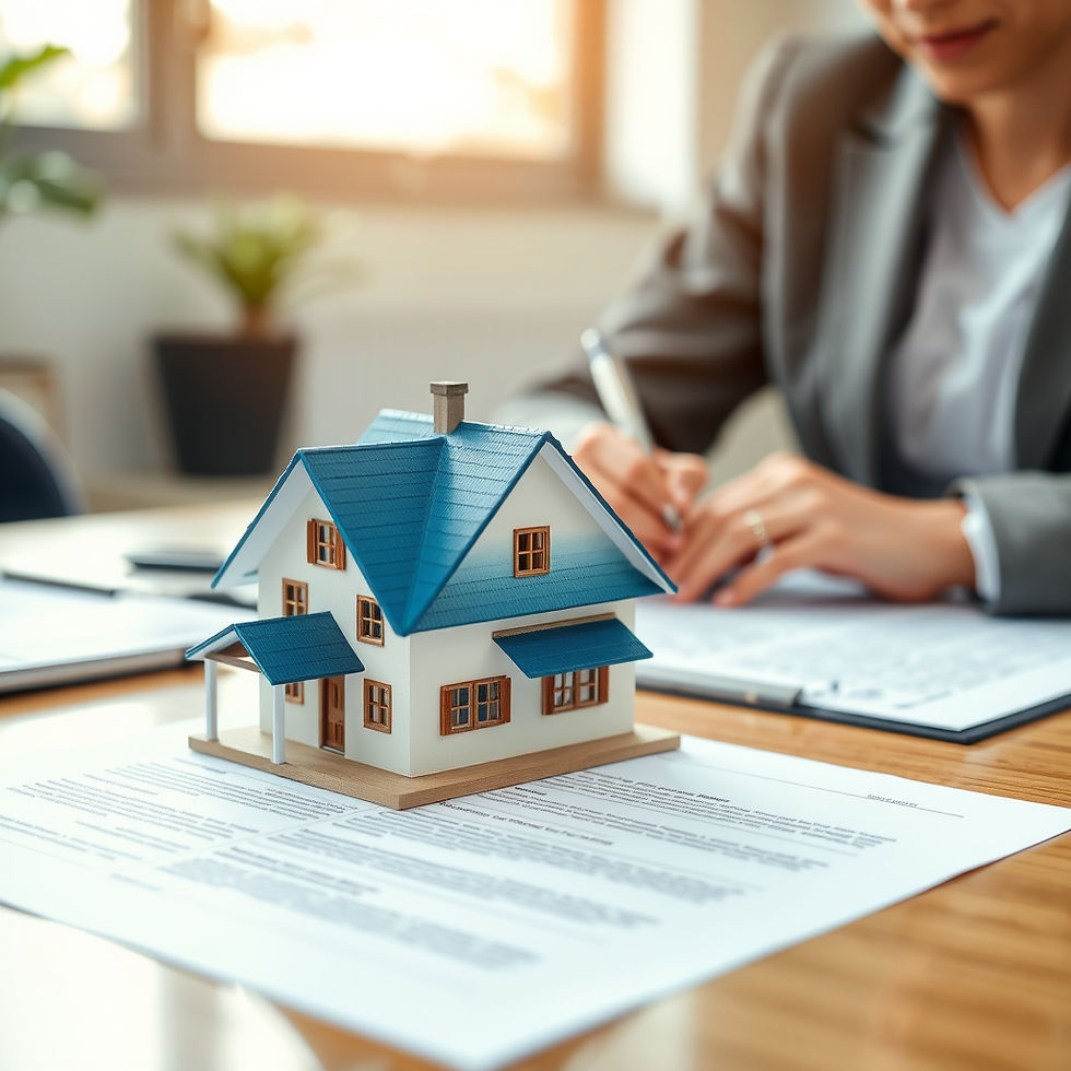 A businessperson signing documents at a desk, with a small model house with a blue roof placed on the papers. Bright, professional office setting with natural daylight.