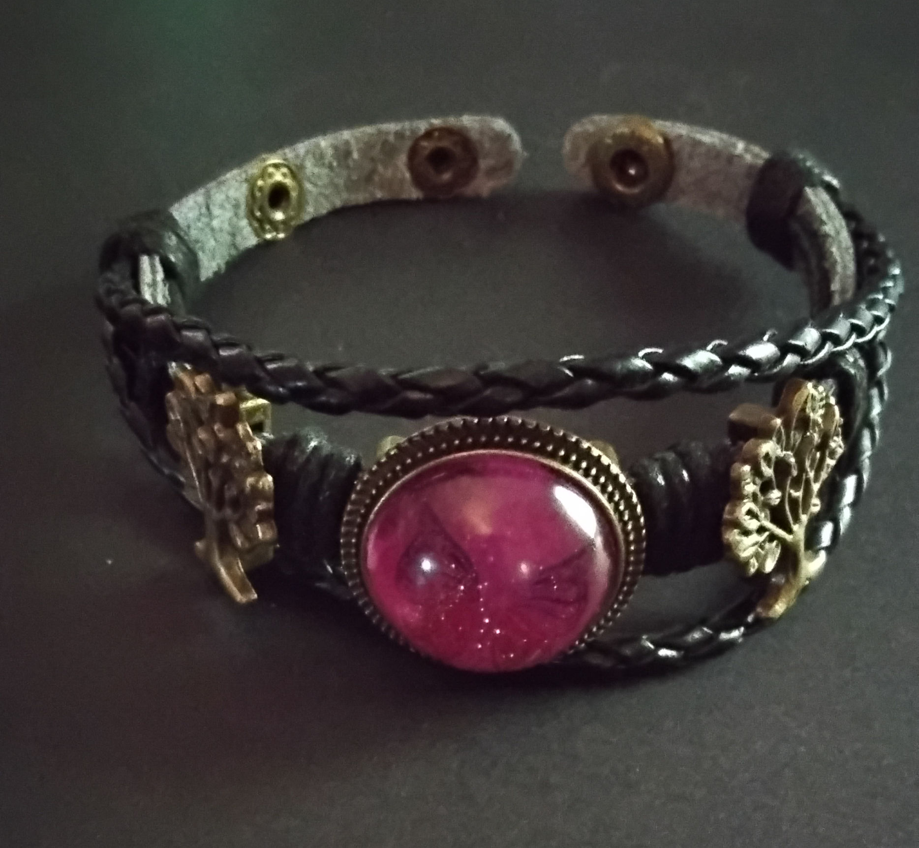 Pink Stone Black Leather Multi-Strand Bracelet