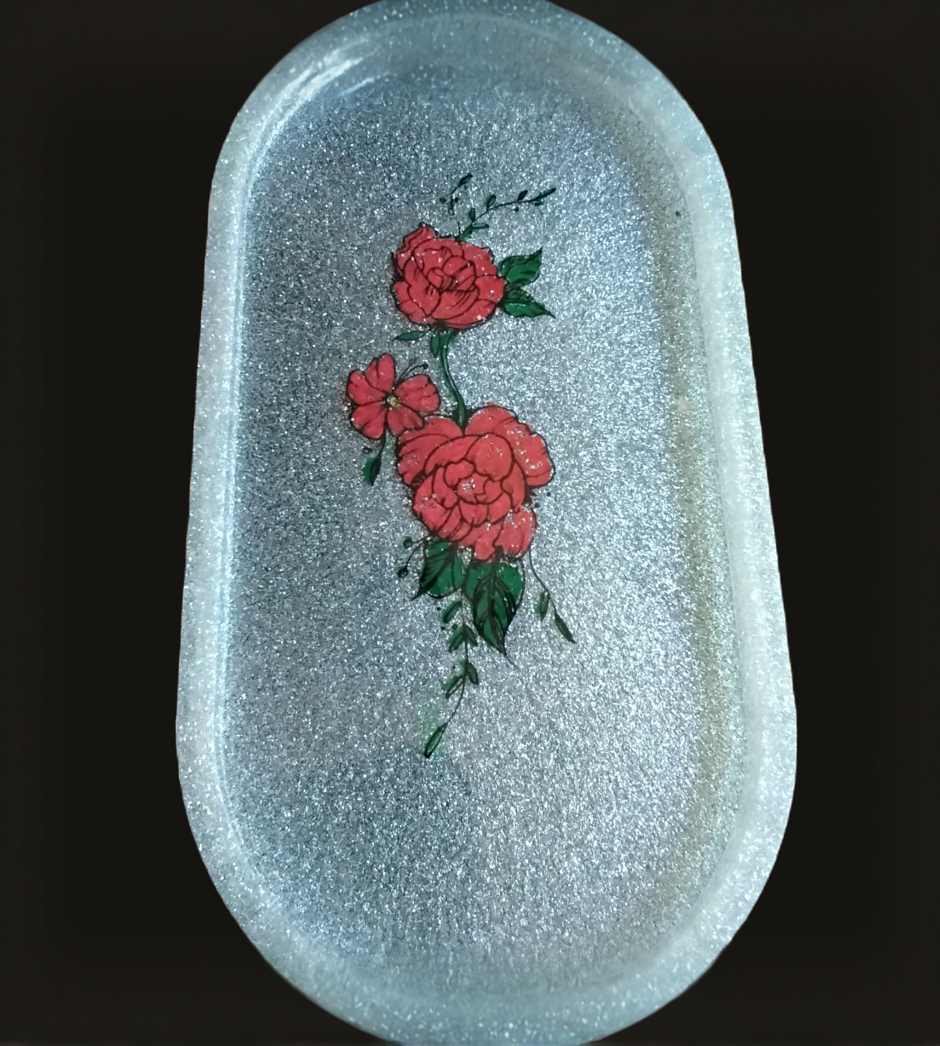 Silver Glitter Oval Tray With Red Roses