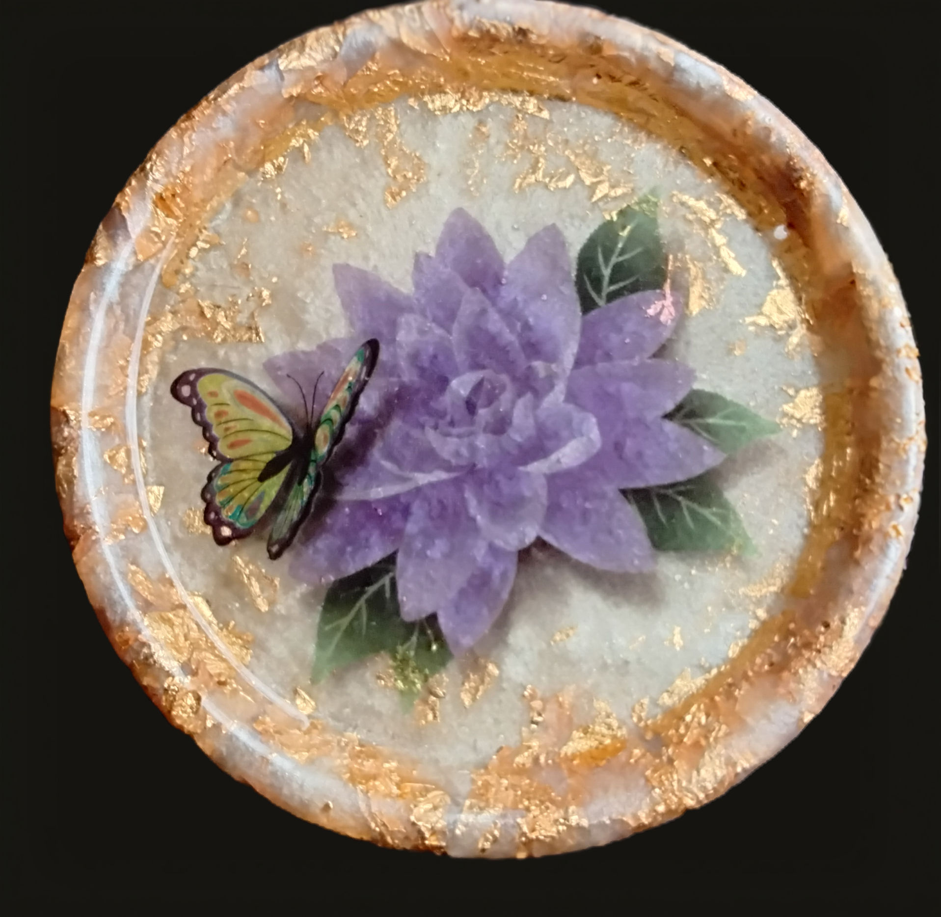 Round Ivory and Gold Flake Tray With Purple Flower and Butterfly