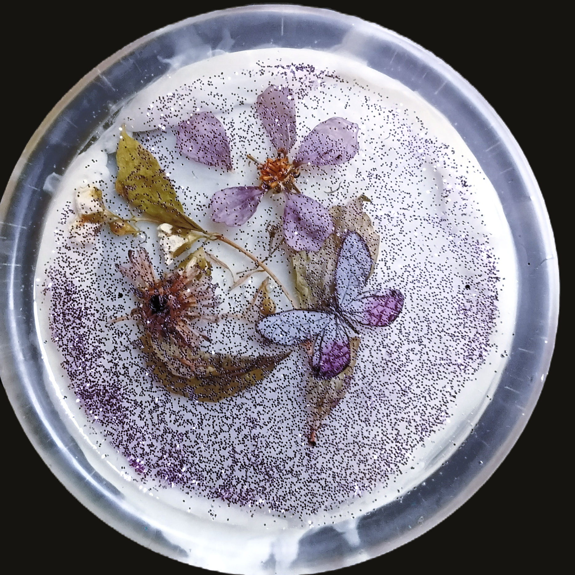 Clear Round Tray With Dried Purple Flowers and Purple Glitter