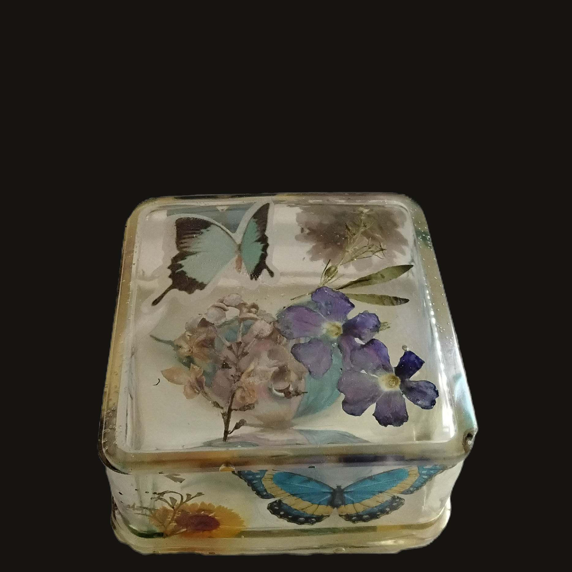 Square Shaped Trinket Box With Dried Flowers and Butterflies