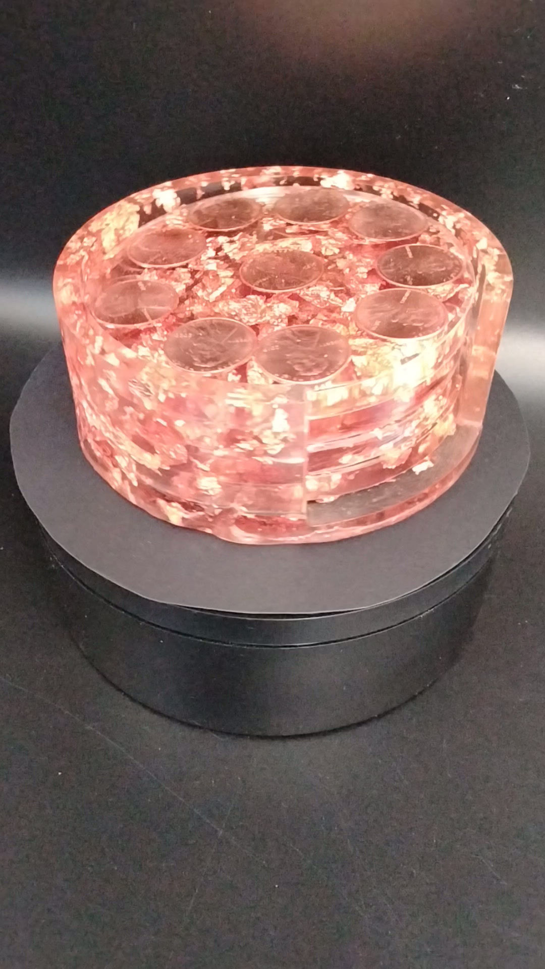 Holder and Coasters With Copper Flakes and Pennies