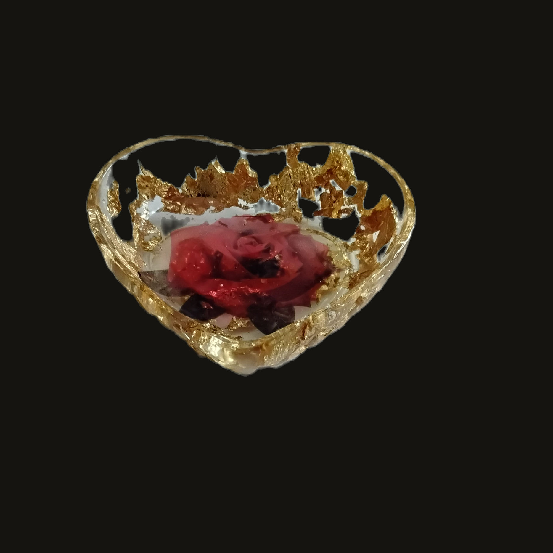 Clear Small Heart Tray With Gold Flakes and Red Rose