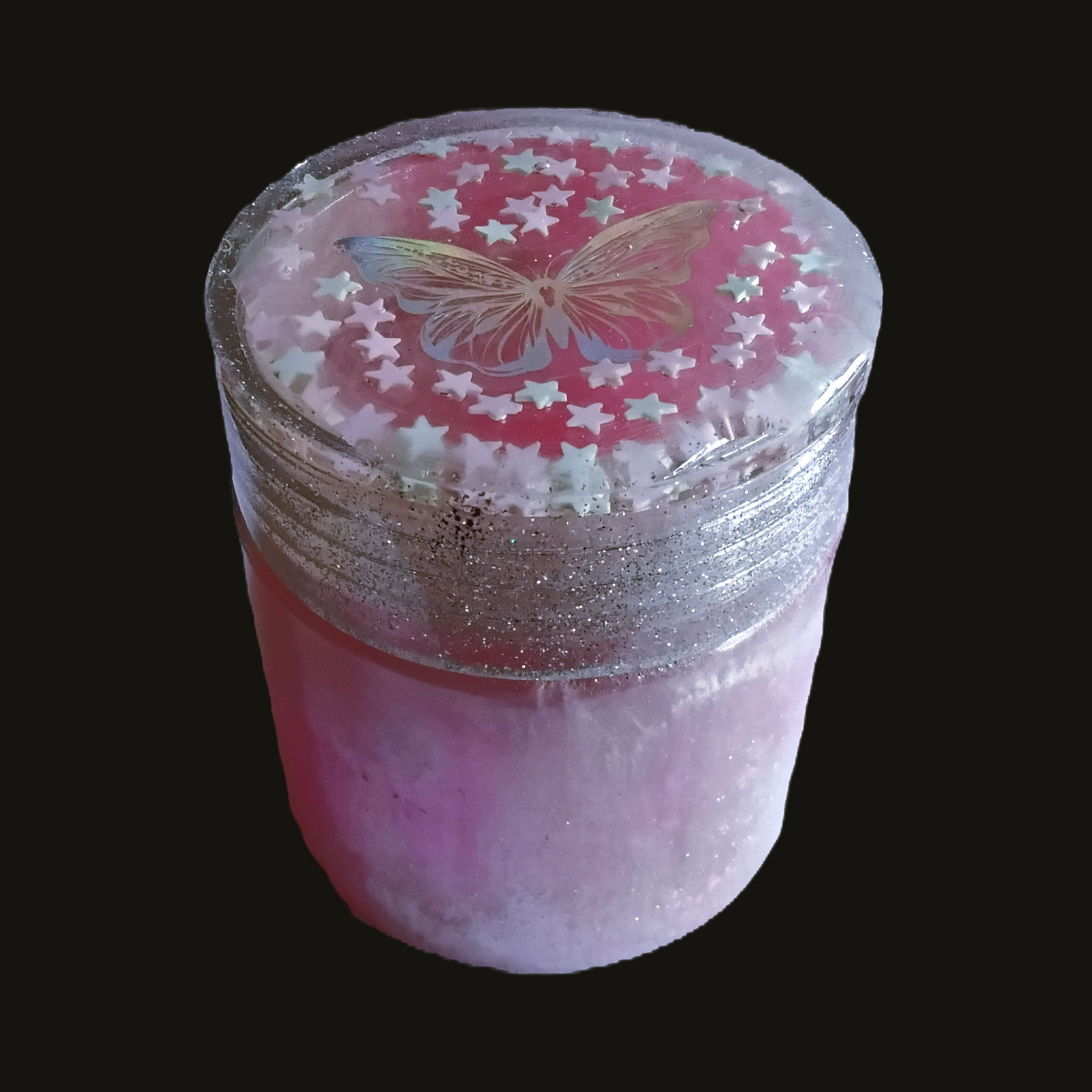 Pink and White Pearl Large Jar With Stars and Holographic Butterfly