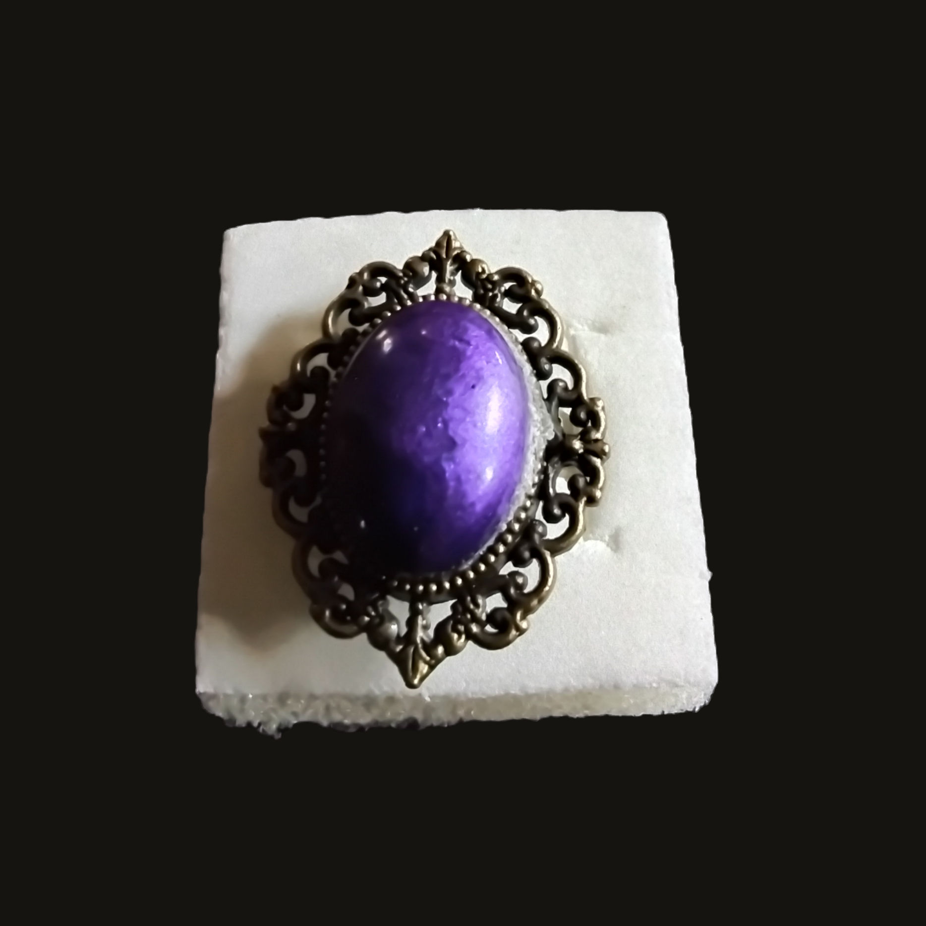 Oval Bronze Ring With Purple Cabochon Center