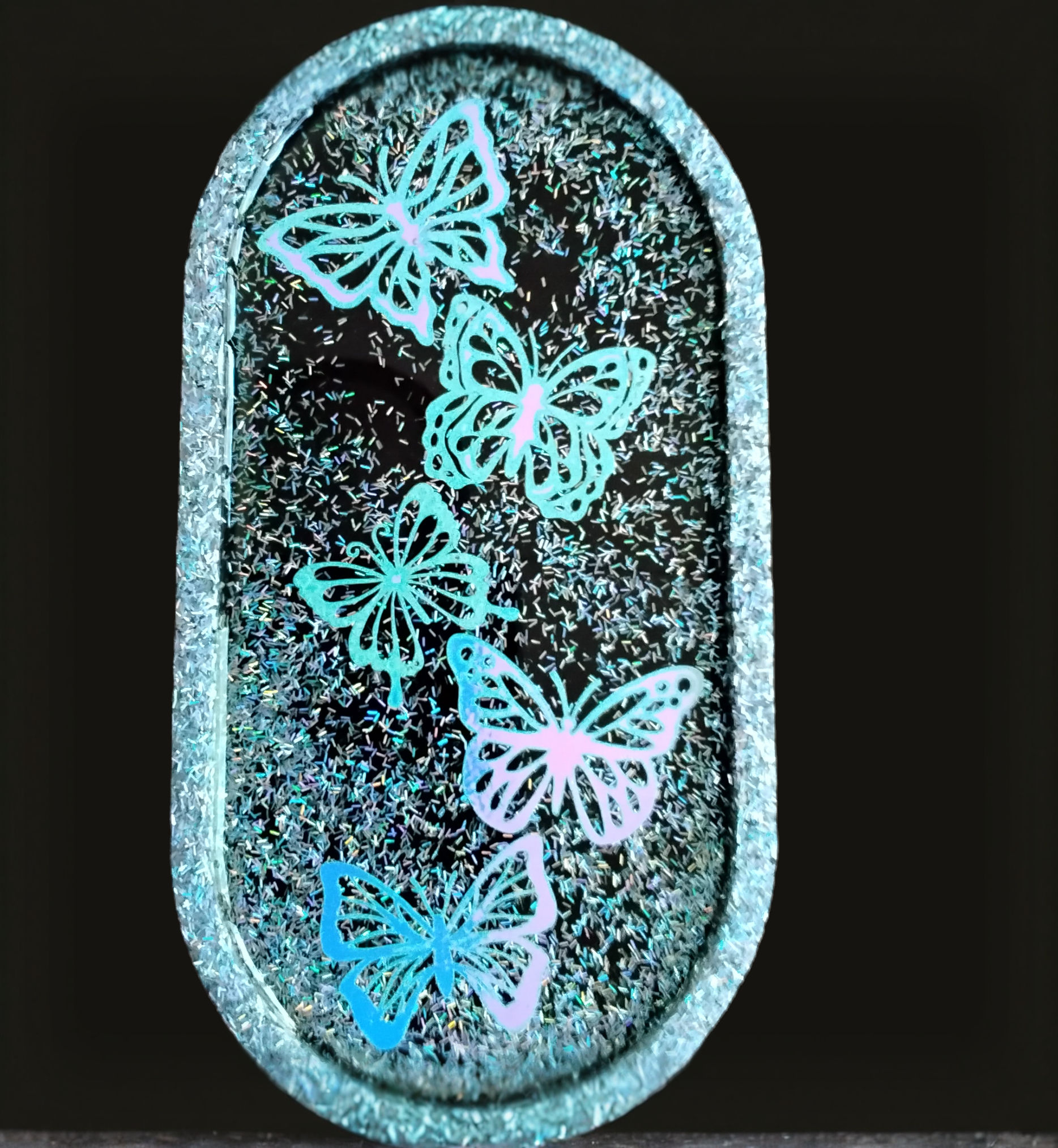 Black Holographic Oval Tray With Butterflies