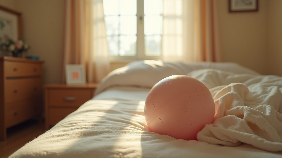 Eye-level view of a cozy birthing room with soft lighting and a birthing ball