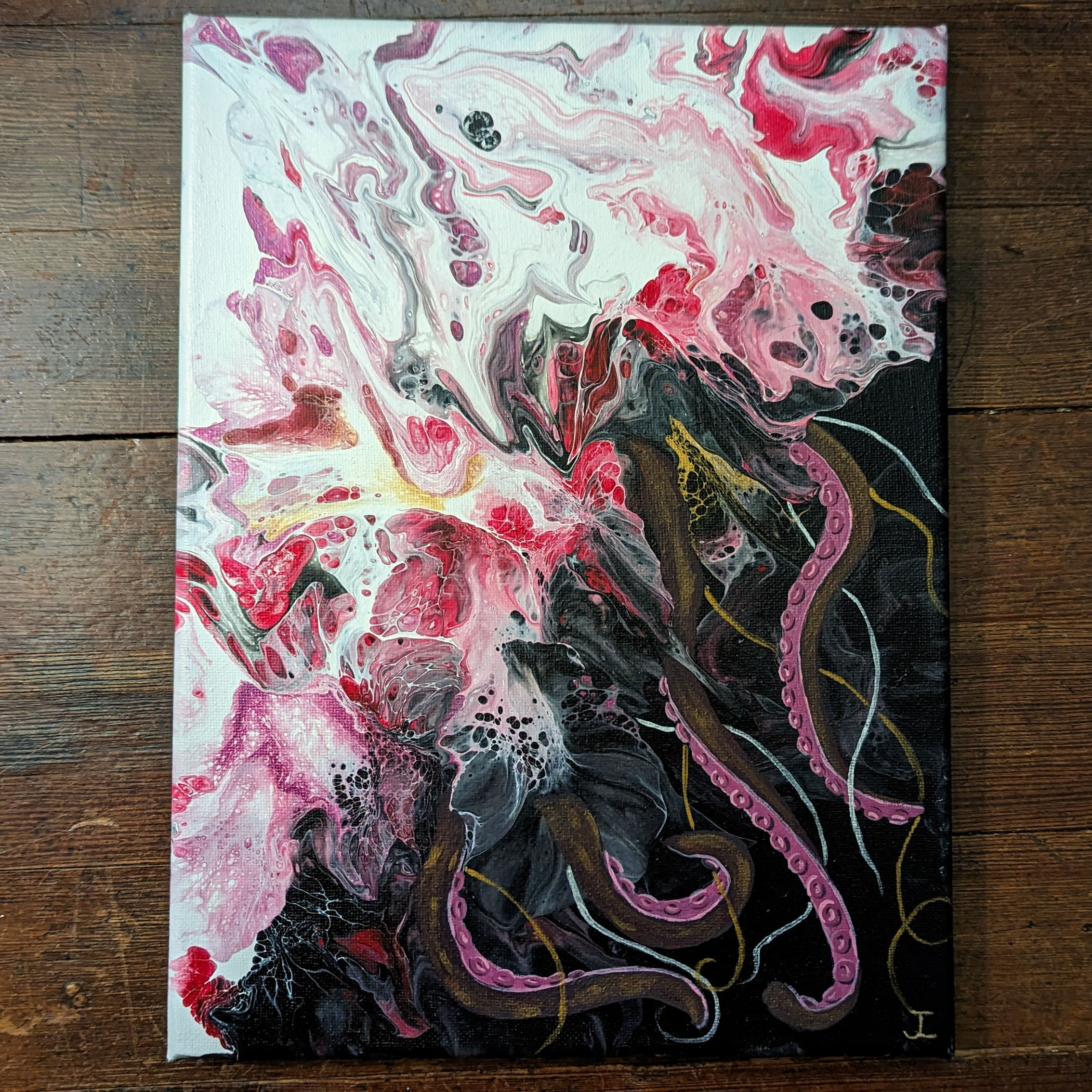 That Wasn't on My Bingo Card 9x12 acrylic pour painting w/ hand-painted details