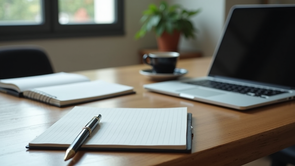 High angle view of a workspace with a laptop, notebook, and coffee cup symbolizing productivity