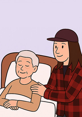 Eine Illustration unseres stellvertretenden Geschäftsführers mit einem Älteren Patient am Krankenbett