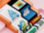 Colorful 3D geometric illustration featuring stylized office supplies and abstract shapes inside an orange tray.