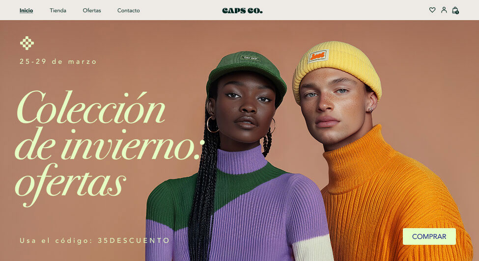 Página de inicio de tienda online de venta de gorras de mujer y de hombre.