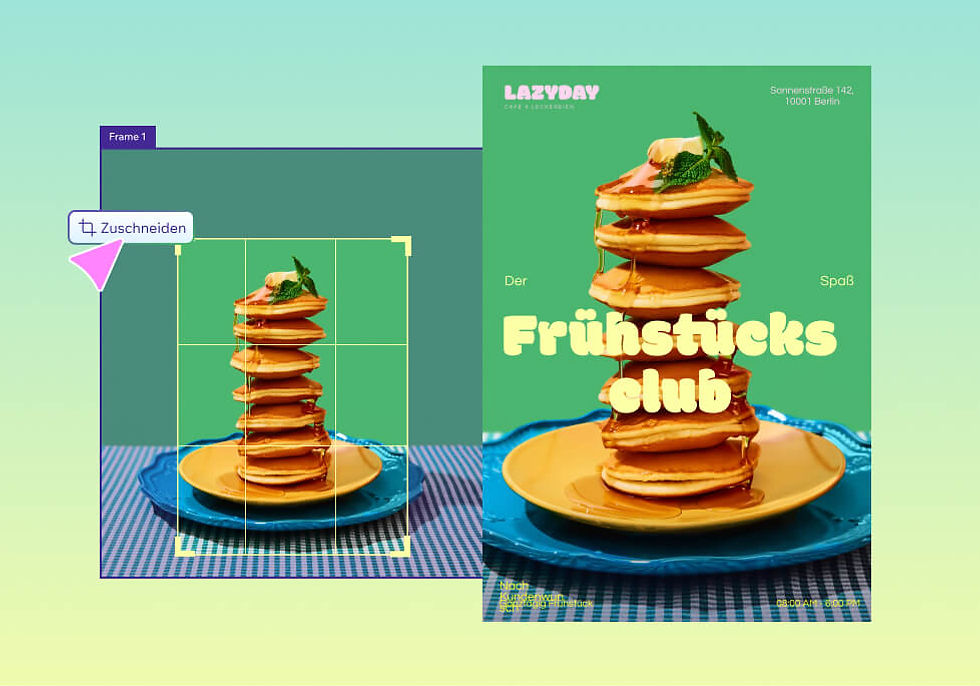 Das Tool „Bild zuschneiden“ wird genutzt, um ein Bild eines Stapels von Pfannkuchen zuzuschneiden. Die zugeschnittene Version wird mit dem Text „Der Frühstücksclub“ in einem Werbedesign verwendet.