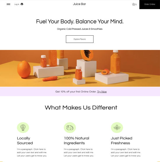 Website template for a juice bar company website
