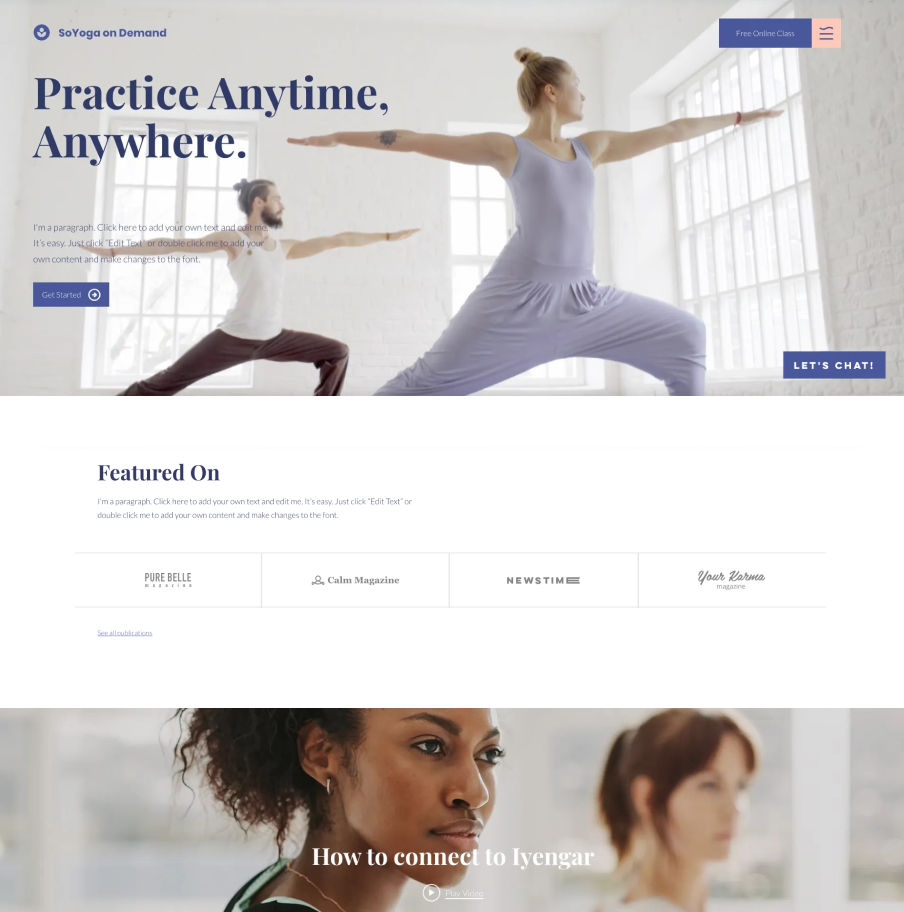 Web design made on Wix showcasing a membership website builder for yoga classes.
