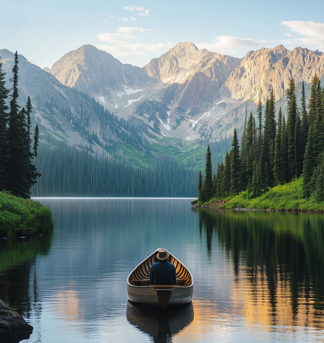 Strumento Espandi immagine AI che mostra un'estensione completata di una vista panoramica su un lago con una canoa e montagne, ampliata senza soluzione di continuità.