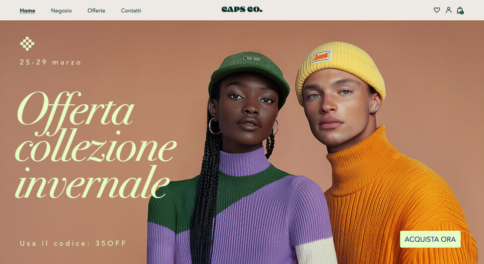 Home page di un negozio online che vende berretti da uomo e da donna.