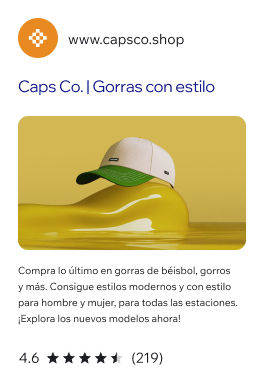 Resultado de motor de búsqueda con un texto presentando la marca y una imagen de una gorra blanca y verde sobre fondo amarillo.