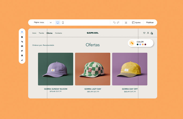 Tienda online mostrando la categoría de ofertas. Se ven tres gorras distintas con precios en descuento.