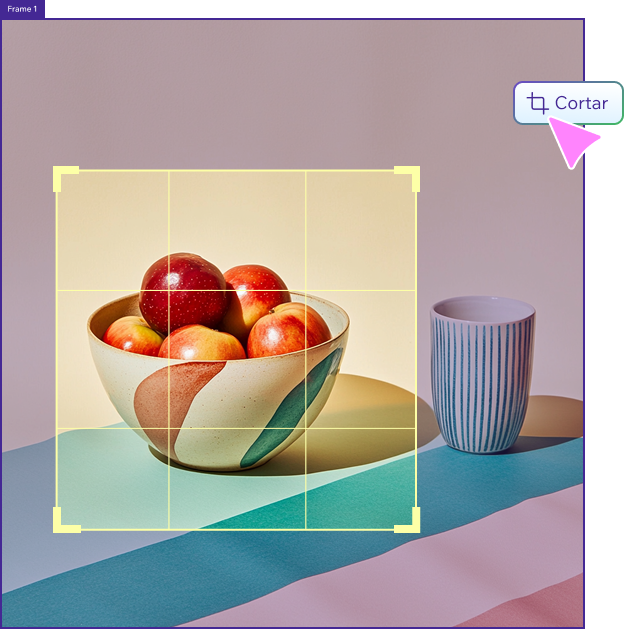 Recortador de imagem aplicado a uma foto de uma tigela de maçãs ao lado de uma xícara. A seleção do recorte foca na tigela de maçãs.