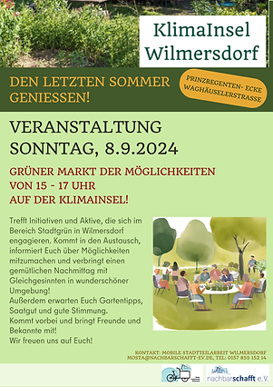 Plakat: KlimaInsel Wilmersdorf, Veranstaltungsort, Sonntag 8.9.2024, grüner Markt der Möglichkeiten.